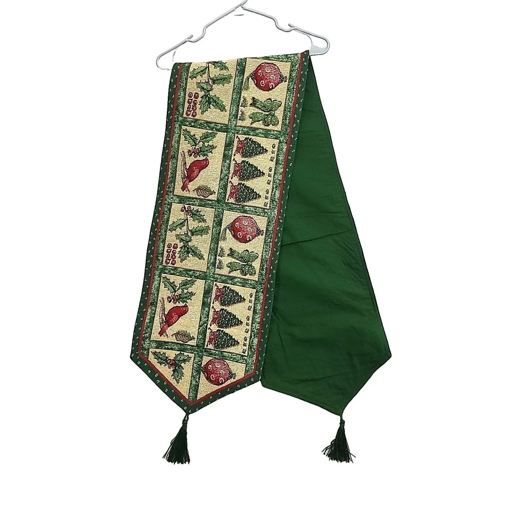 Christmas Tapestry Table Runner Cardinal Birds‎ Ornaments Trees Holiday 5' 8